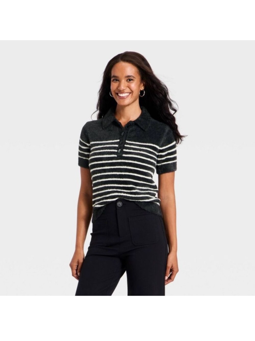a new day Striped Short-Sleeve Polo Top - Black & White